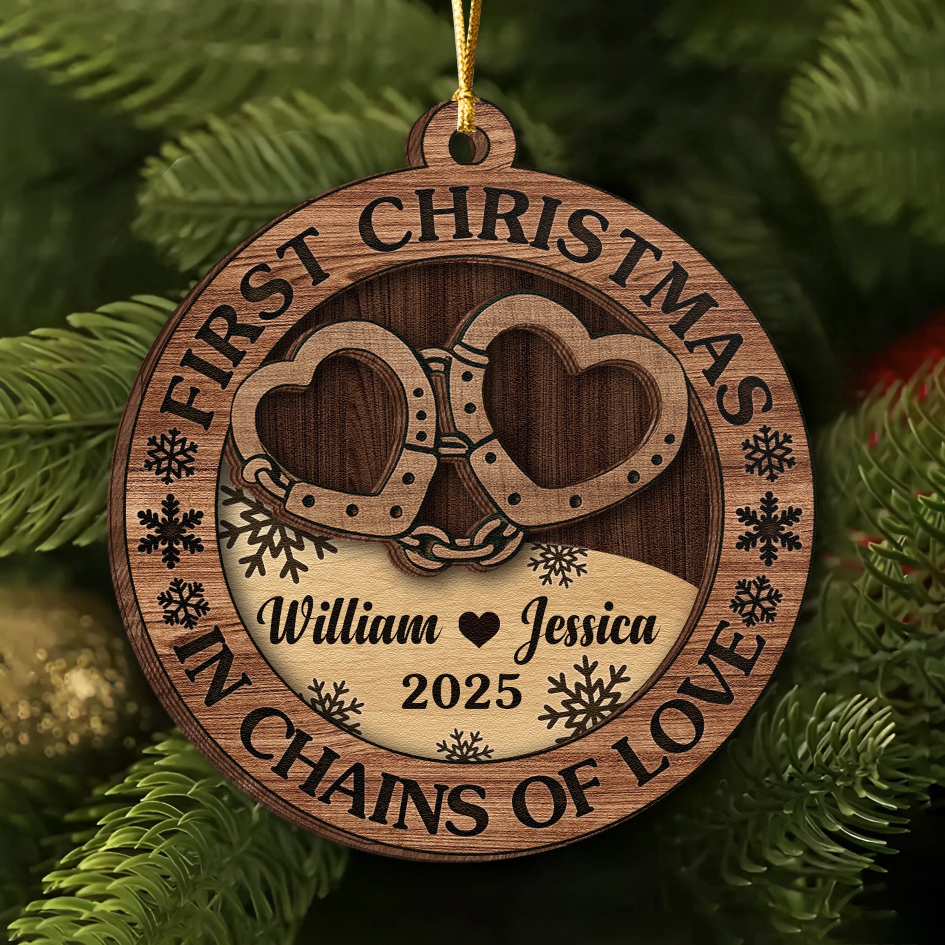 Personalized 2-Layer Wooden Ornament - First Christmas Couples Custom Heart Design - In Chains of Love UWOCP2A-HN28-HN20080821web1