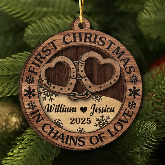 Personalized 2-Layer Wooden Ornament - First Christmas Couples Custom Heart Design - In Chains of Love UWOCP2A-HN28-HN20080821web1