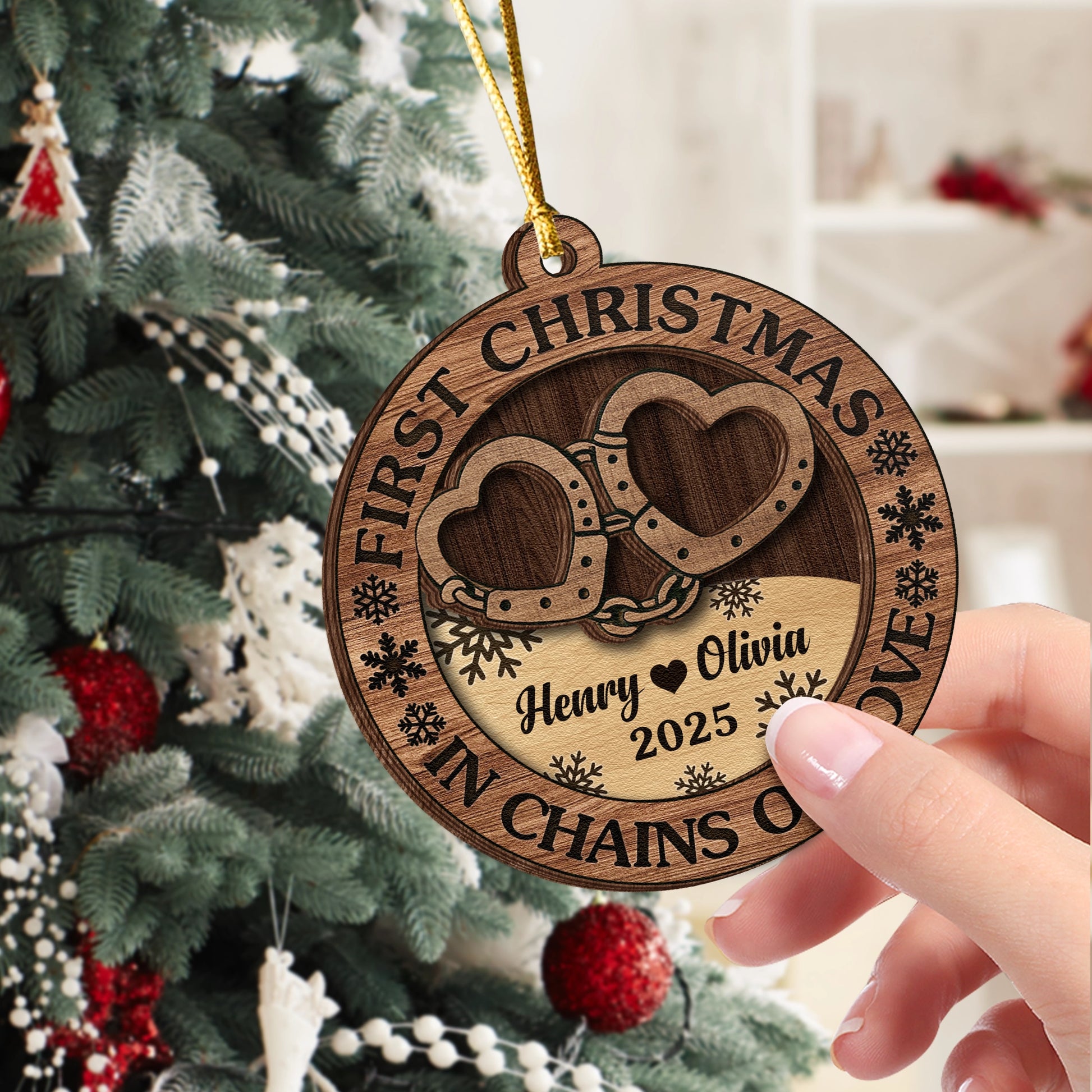 Personalized 2-Layer Wooden Ornament - First Christmas Couples Custom Heart Design - In Chains of Love UWOCP2A-HN28-HN20080821web2