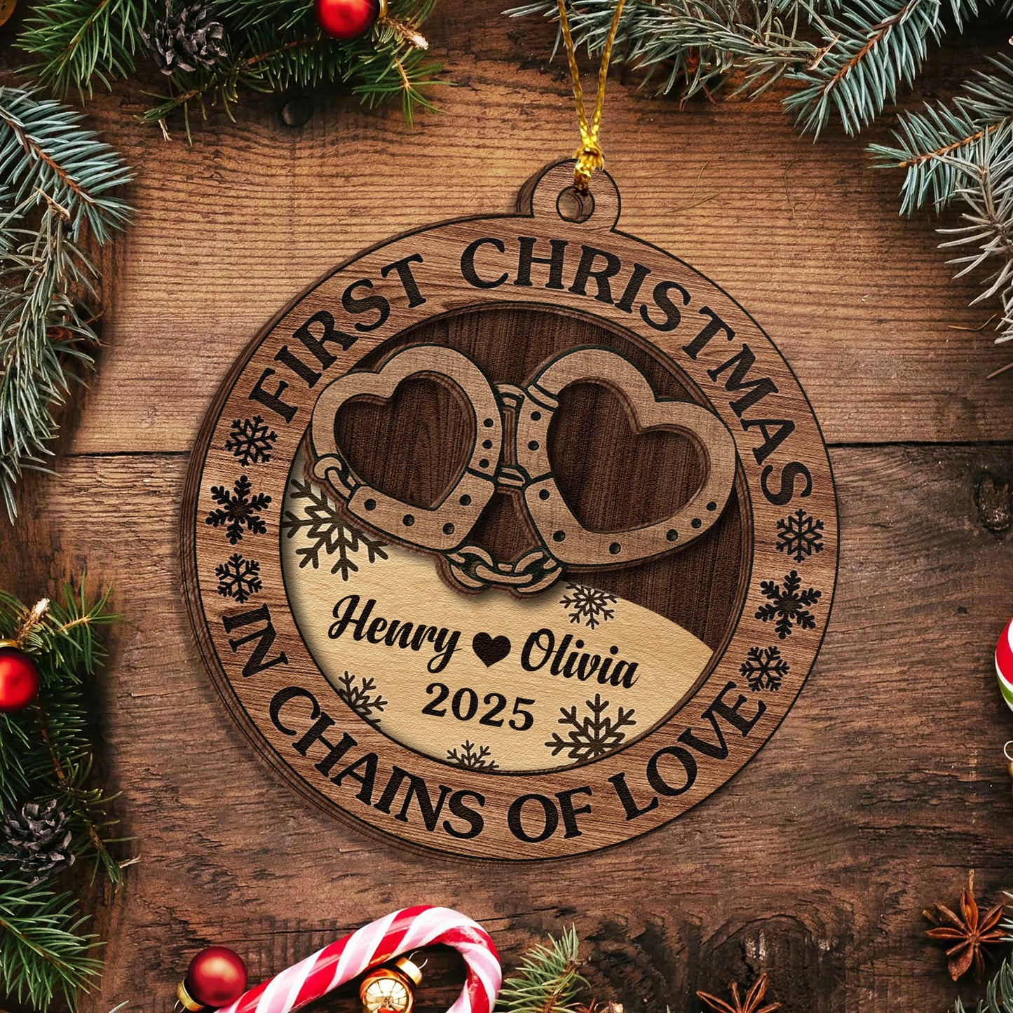 Personalized 2-Layer Wooden Ornament - First Christmas Couples Custom Heart Design - In Chains of Love UWOCP2A-HN28-HN20080821web3