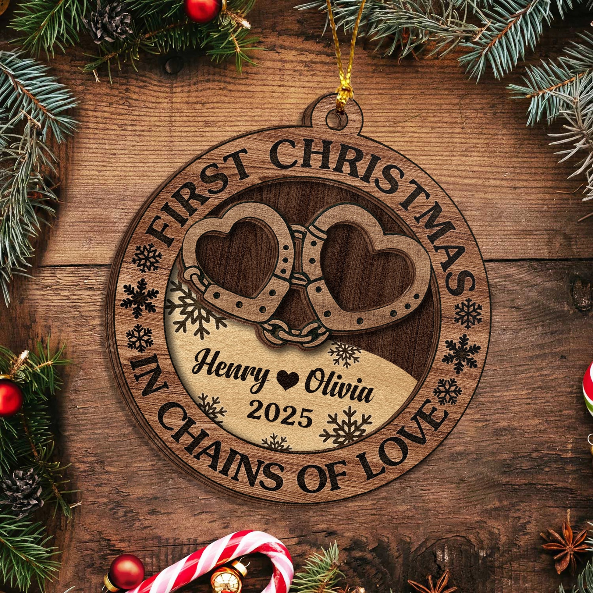 Personalized 2-Layer Wooden Ornament - First Christmas Couples Custom Heart Design - In Chains of Love UWOCP2A-HN28-HN20080821web3