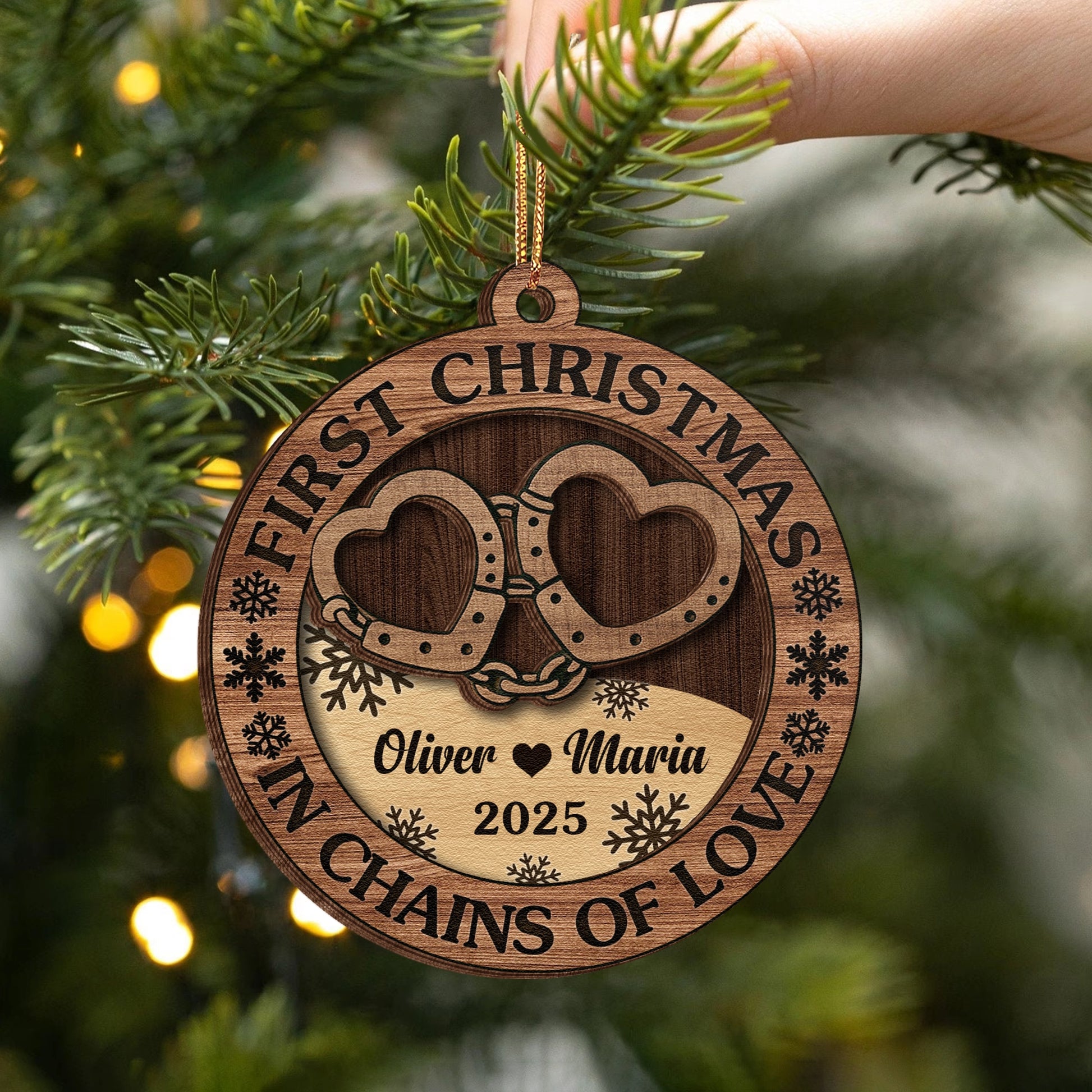 Personalized 2-Layer Wooden Ornament - First Christmas Couples Custom Heart Design - In Chains of Love UWOCP2A-HN28-HN20080821web4