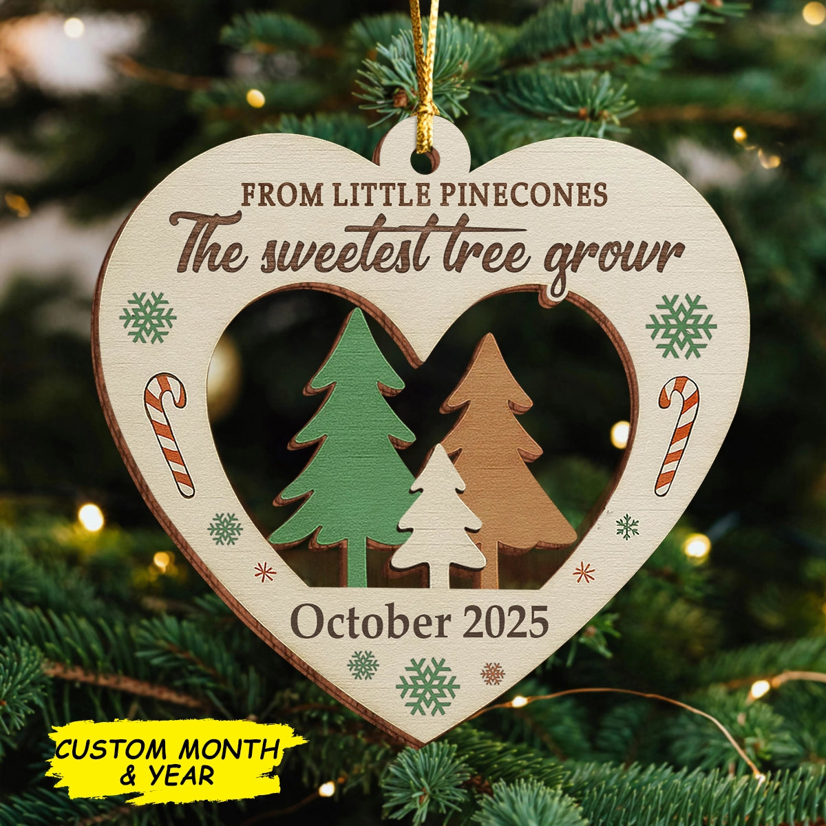 Personalized 2-Layer Wooden Ornament - From Little Pinecones, The Sweetest Tree Grows - Heart Decoration, Custom Month & Year Keepsake mkweb1