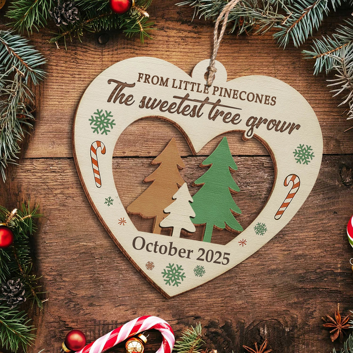 Personalized 2-Layer Wooden Ornament - From Little Pinecones, The Sweetest Tree Grows - Heart Decoration, Custom Month & Year Keepsake mkweb3