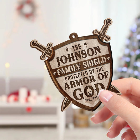 Personalized 2-Layer Wooden Ornament - Protected By The Armor of God - Family Shield Christian Christmas Decoration MKweb3