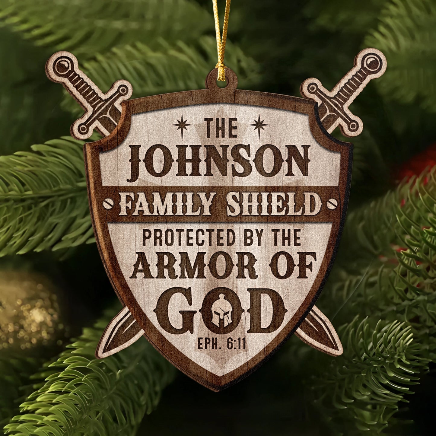 Personalized 2-Layer Wooden Ornament - Protected By The Armor of God - Family Shield Christian Christmas Decoration MKweb4