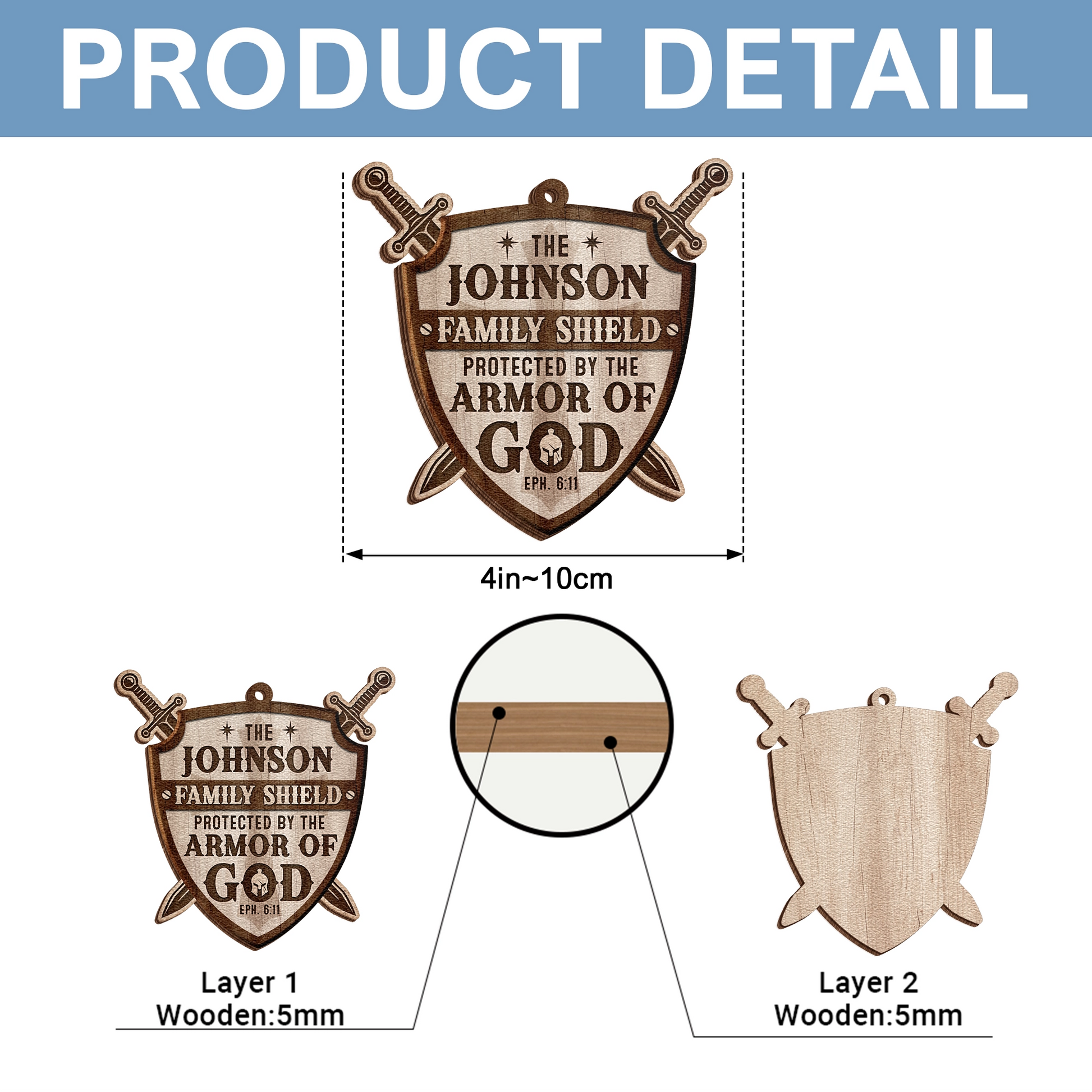 Personalized 2-Layer Wooden Ornament - Protected By The Armor of God - Family Shield Christian Christmas Decoration MKweb5