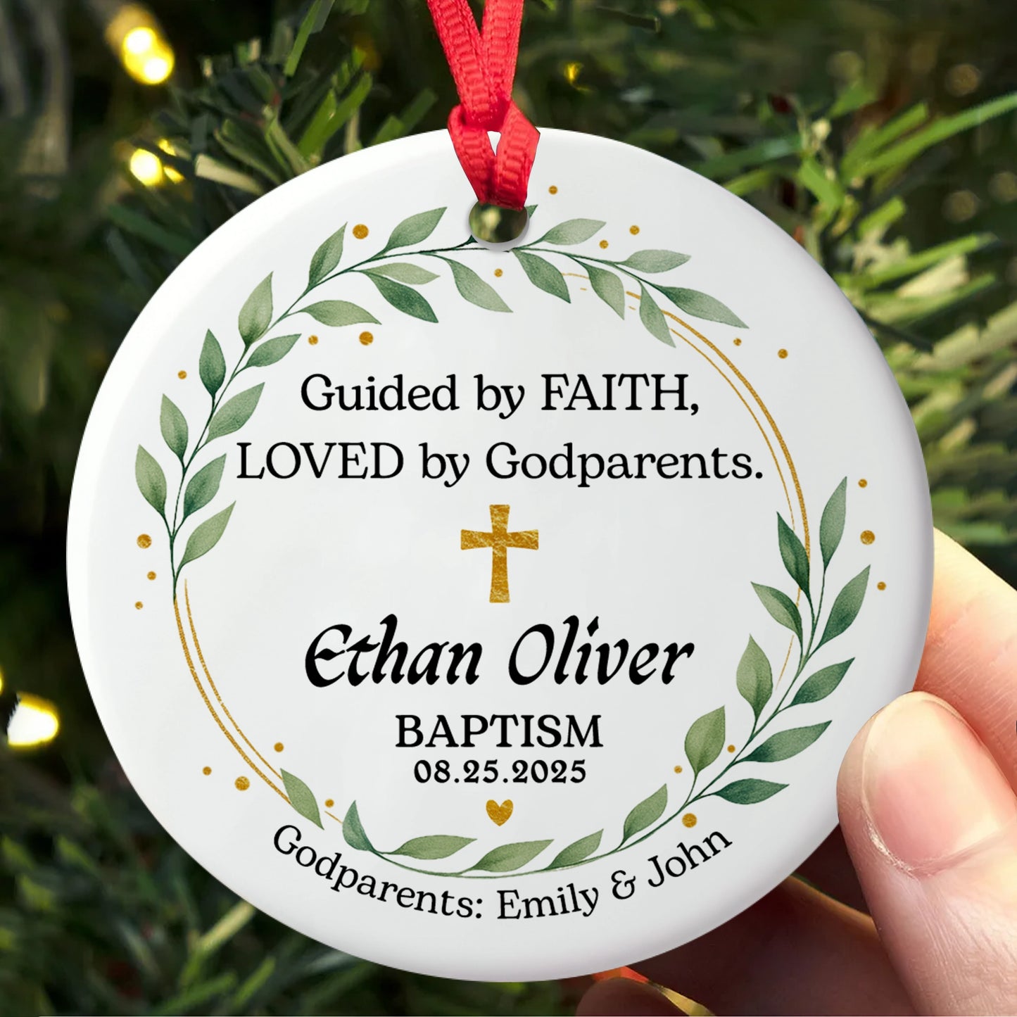 Personalized Baptism Ceramic Ornament - Custom Name, Date & Godparents Gift-MK_Web3