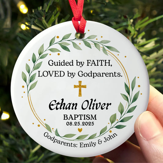 Personalized Baptism Ceramic Ornament - Custom Name, Date & Godparents Gift-MK_Web3