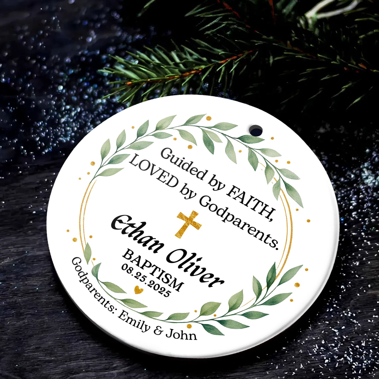 Personalized Baptism Ceramic Ornament - Custom Name, Date & Godparents Gift-MK_Web4