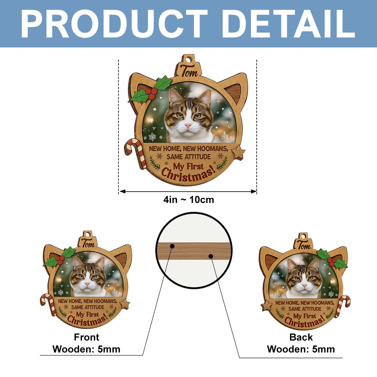 Personalized Double-Sided Wooden Ornament - Custom Pet Photo Christmas Decoration-mk-4