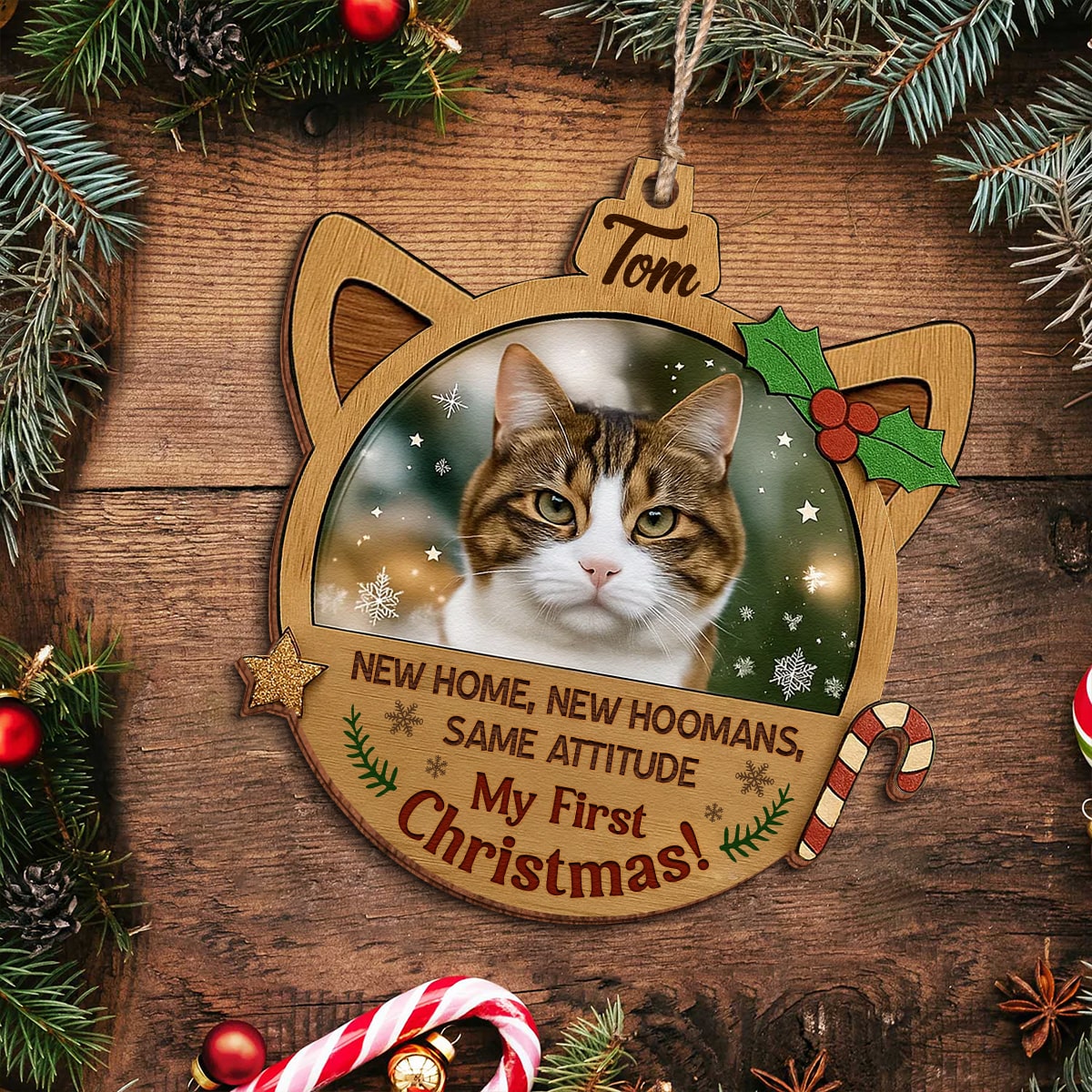 Personalized Double-Sided Wooden Ornament - Custom Pet Photo Christmas Decoration-mk-5