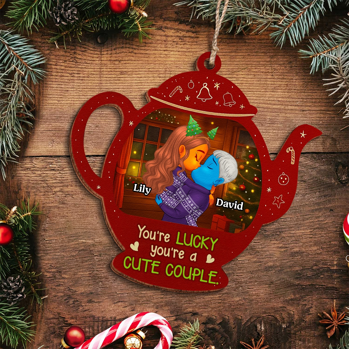 Personalized Double-Sided Wooden Ornament - Teapot Christmas Decoration for Couples-web3