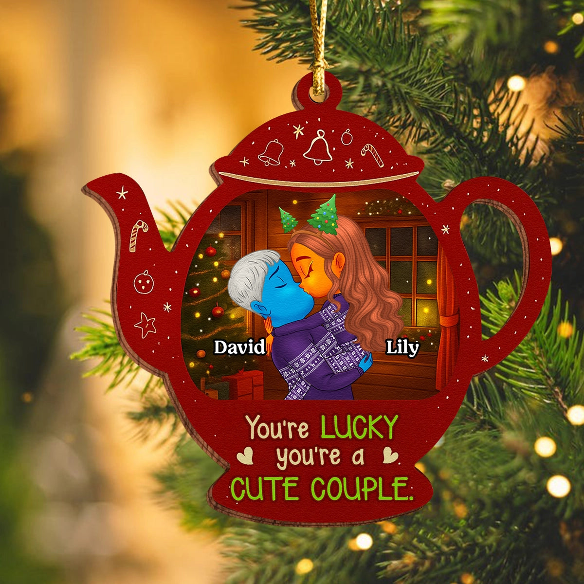 Personalized Double-Sided Wooden Ornament - Teapot Christmas Decoration for Couples-web4
