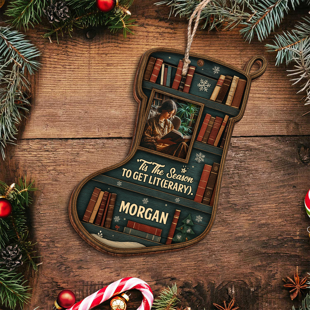 Personalized Double-Sided Wooden Ornament - Tis The Season To Get Lit(erary) - Book Lovers MK3
