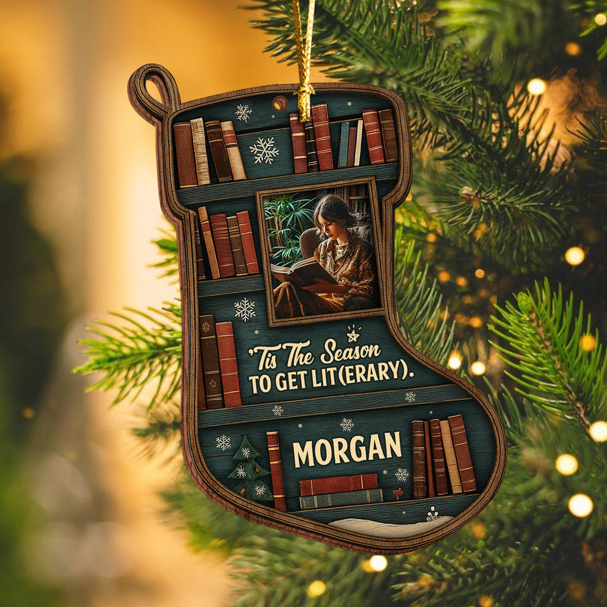 Personalized Double-Sided Wooden Ornament - Tis The Season To Get Lit(erary) - Book Lovers MK4