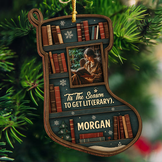 Personalized Double-Sided Wooden Ornament - Tis The Season To Get Lit(erary) - Book Lovers mk1