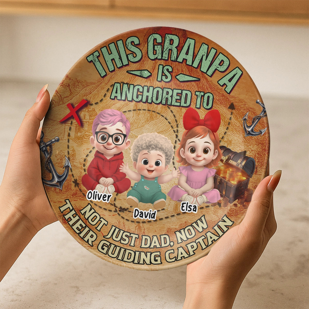 Personalized Grandpa Ceramic Round Plate - Custom Anchored to Grandkids Design-web2