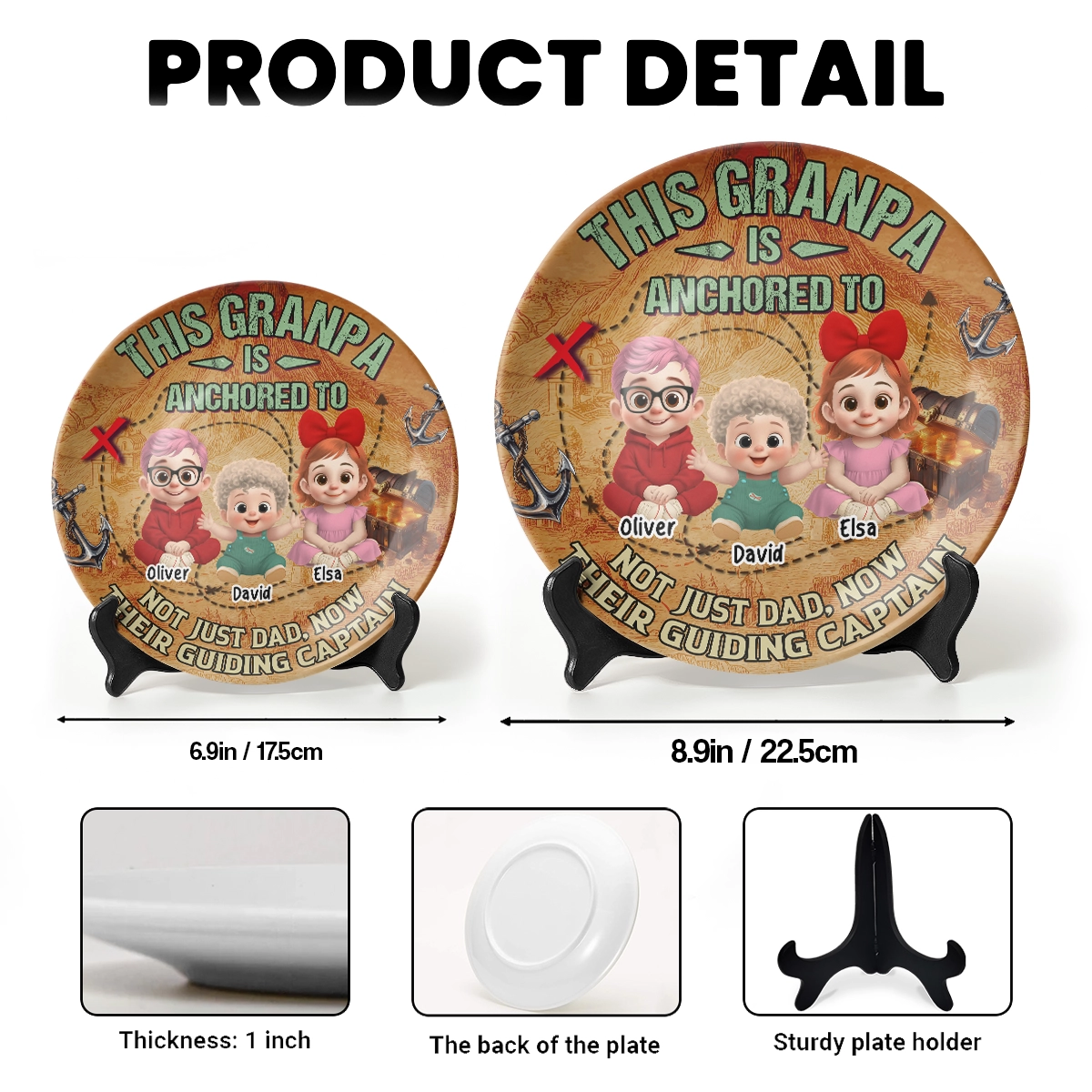 Personalized Grandpa Ceramic Round Plate - Custom Anchored to Grandkids Design-web4