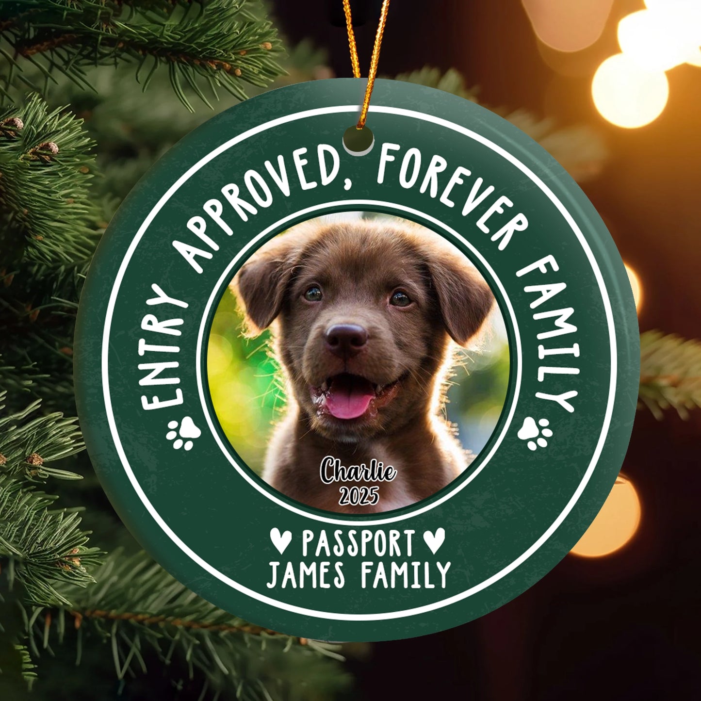 Personalized Pet Christmas Ceramic Ornament - 'Entry Approved, Forever Family' Custom Dog Photo OR-NM32-HN55-WEB