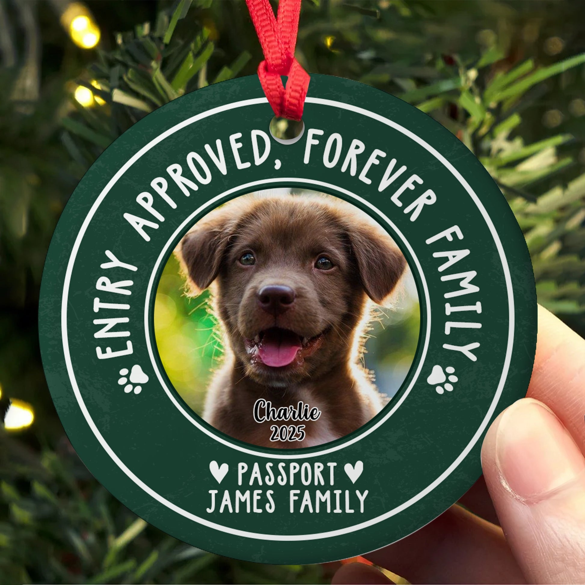 Personalized Pet Christmas Ceramic Ornament - 'Entry Approved, Forever Family' Custom Dog Photo OR-NM32-HN55-WEB3