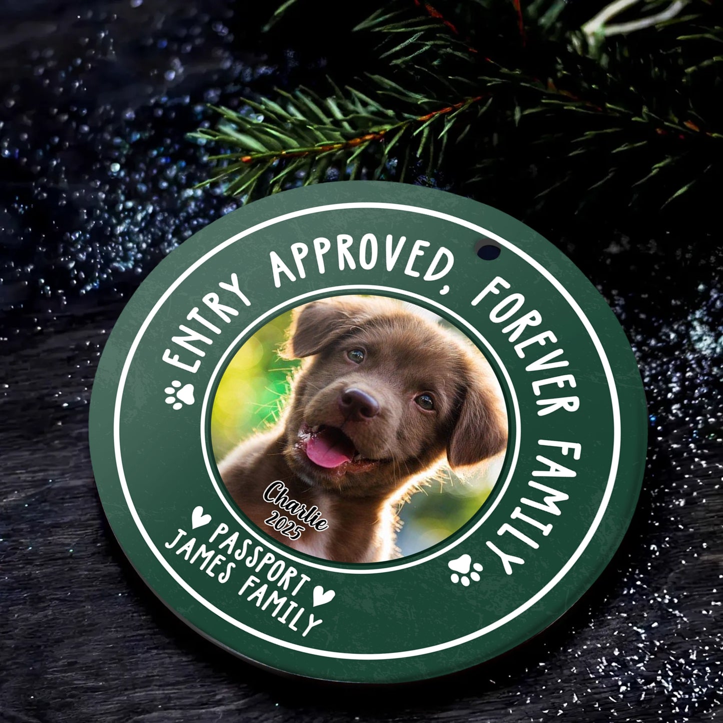 Personalized Pet Christmas Ceramic Ornament - 'Entry Approved, Forever Family' Custom Dog Photo OR-NM32-HN55-WEB4
