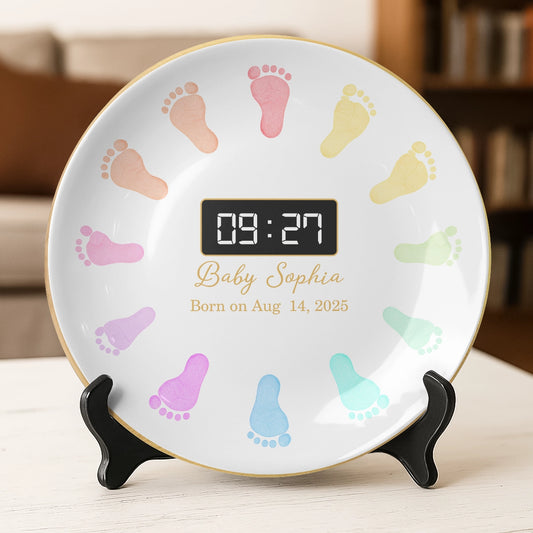 Personalized Round Ceramic Baby Birth Plate – Custom Name, Birth Date & Time – Baby Footprint Keepsake RP-NM39-HN140806-web