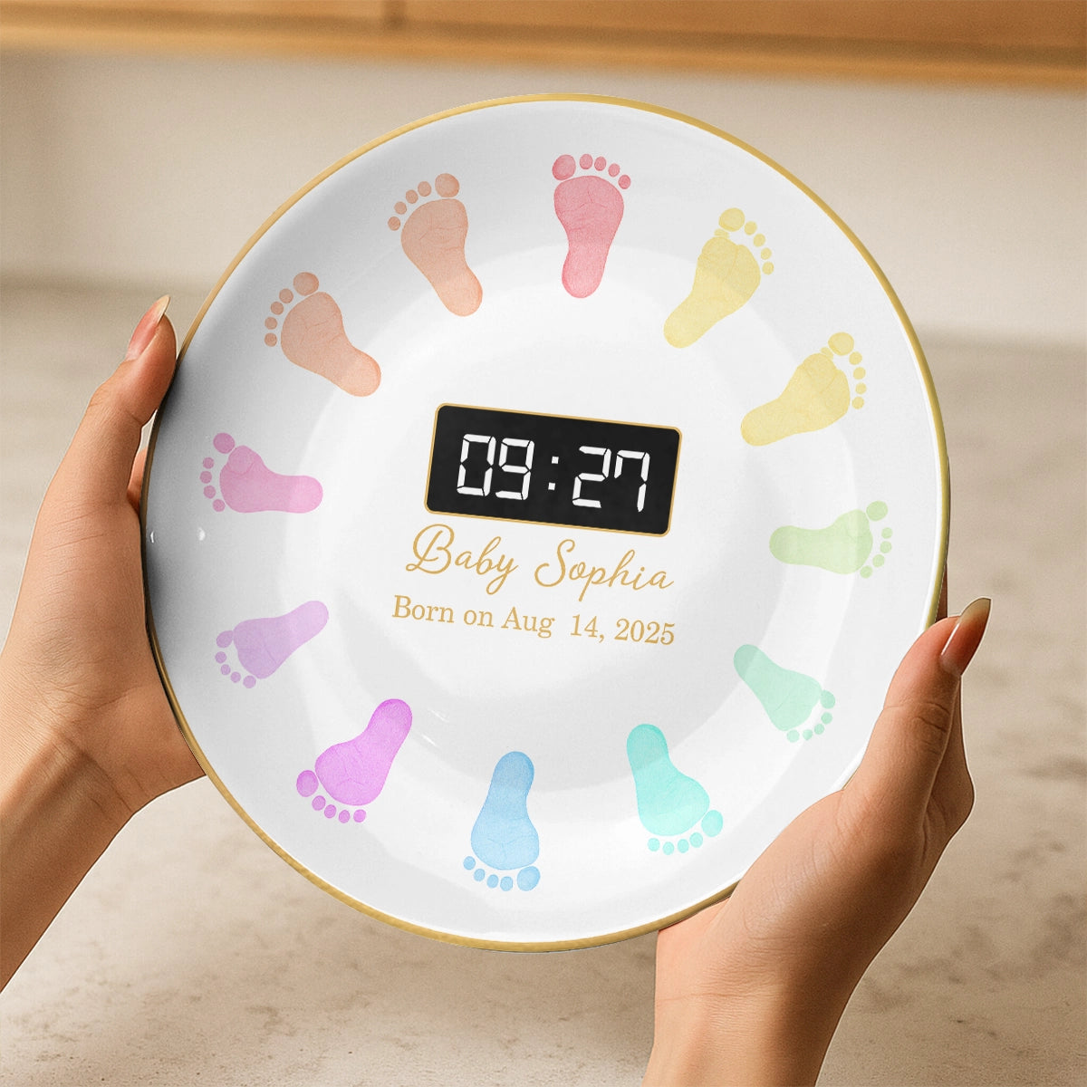 Personalized Round Ceramic Baby Birth Plate – Custom Name, Birth Date & Time – Baby Footprint Keepsake RP-NM39-HN140806-web2
