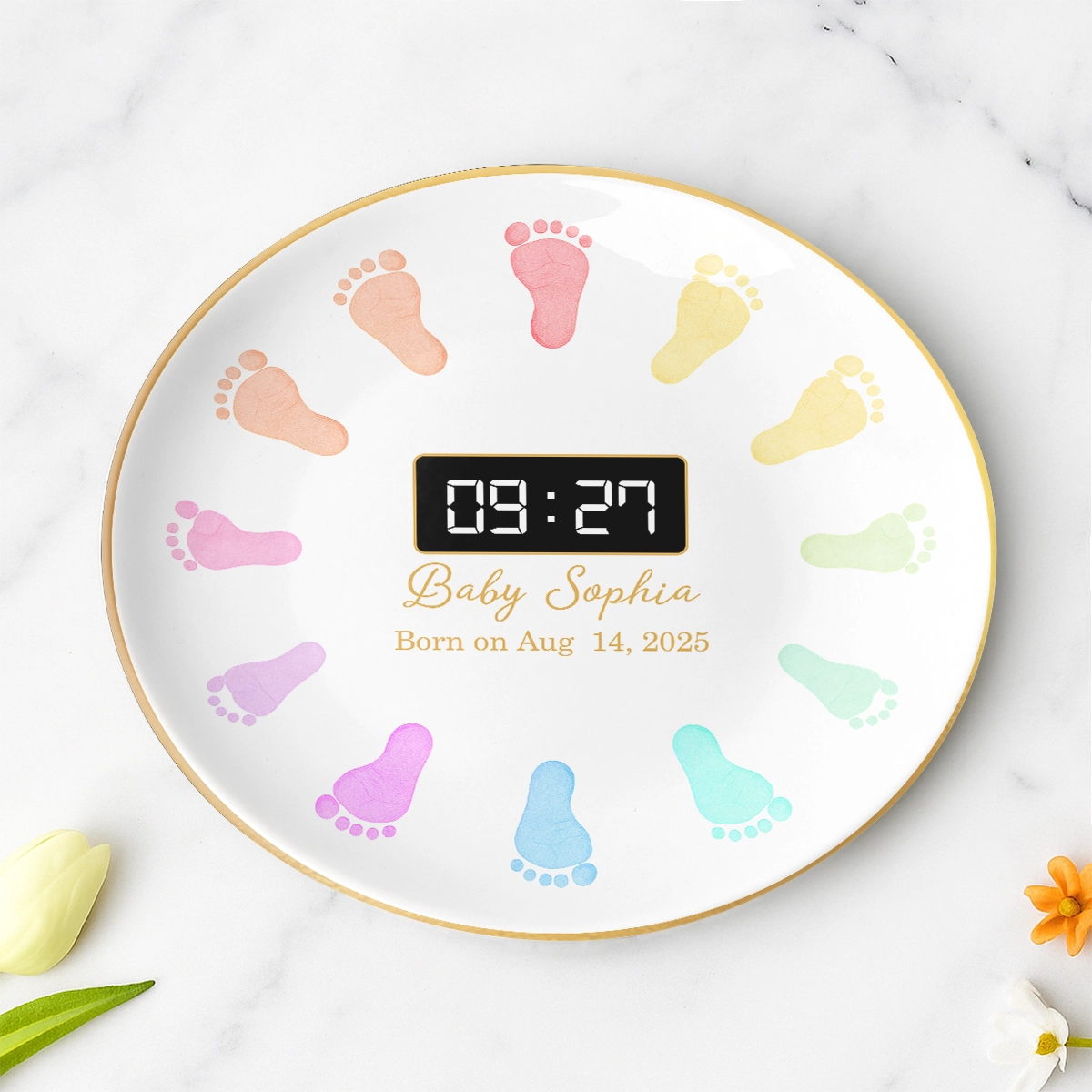 Personalized Round Ceramic Baby Birth Plate – Custom Name, Birth Date & Time – Baby Footprint Keepsake RP-NM39-HN140806-web3