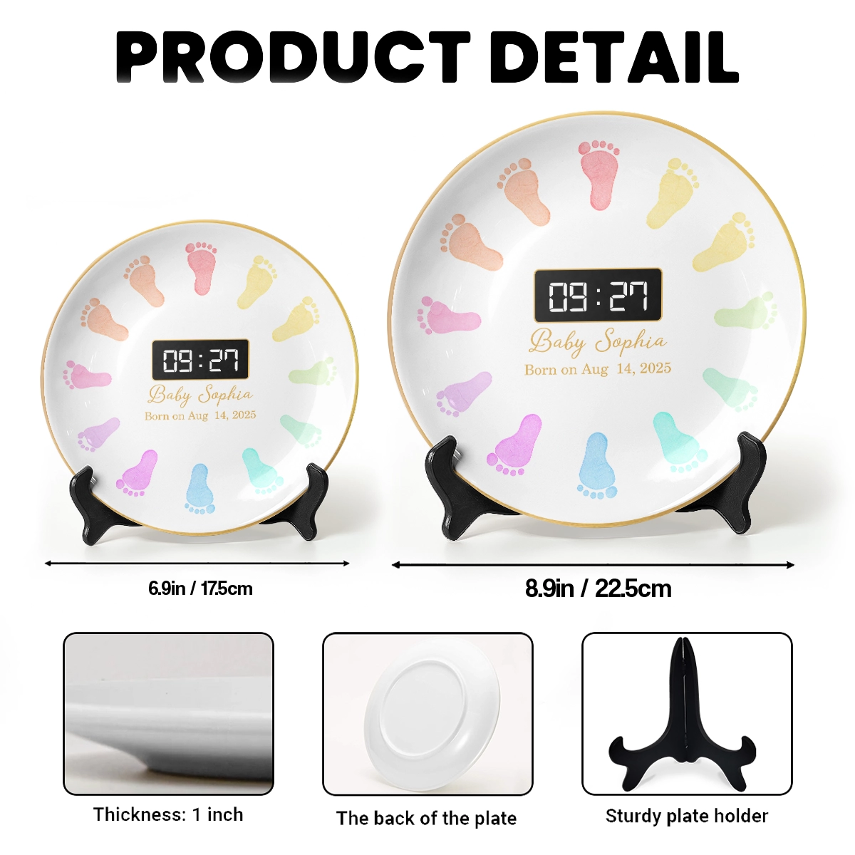 Personalized Round Ceramic Baby Birth Plate – Custom Name, Birth Date & Time – Baby Footprint Keepsake RP-NM39-HN140806-web4