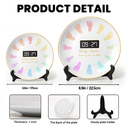 Personalized Round Ceramic Baby Birth Plate – Custom Name, Birth Date & Time – Baby Footprint Keepsake RP-NM39-HN140806-web4