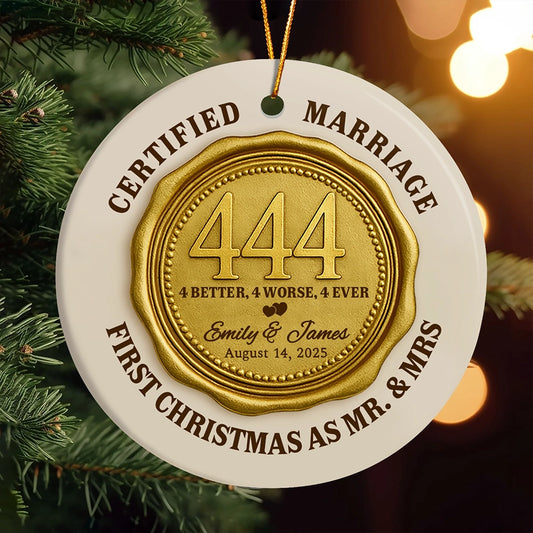 Personalized Round Ceramic Ornament - Certified Marriage, First Christmas As Mr. & Mrs OR-HN31-HN22080929web1