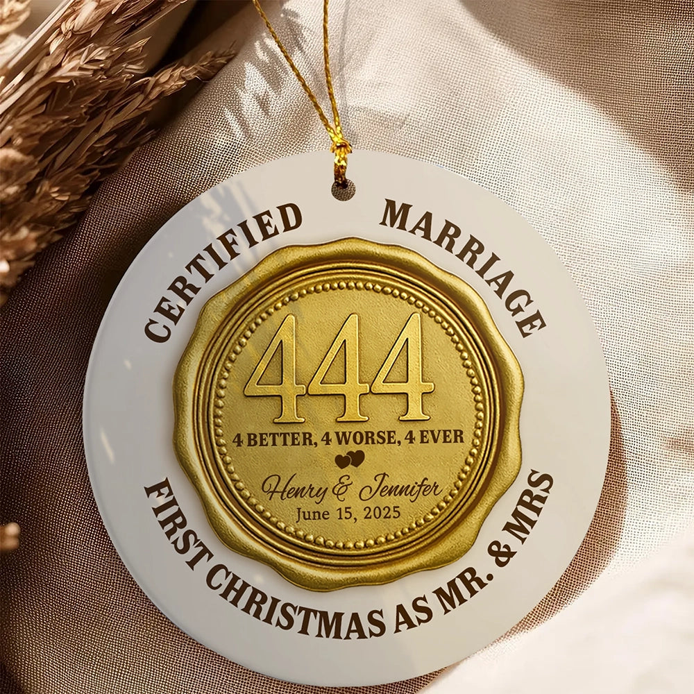 Personalized Round Ceramic Ornament - Certified Marriage, First Christmas As Mr. & Mrs OR-HN31-HN22080929web5