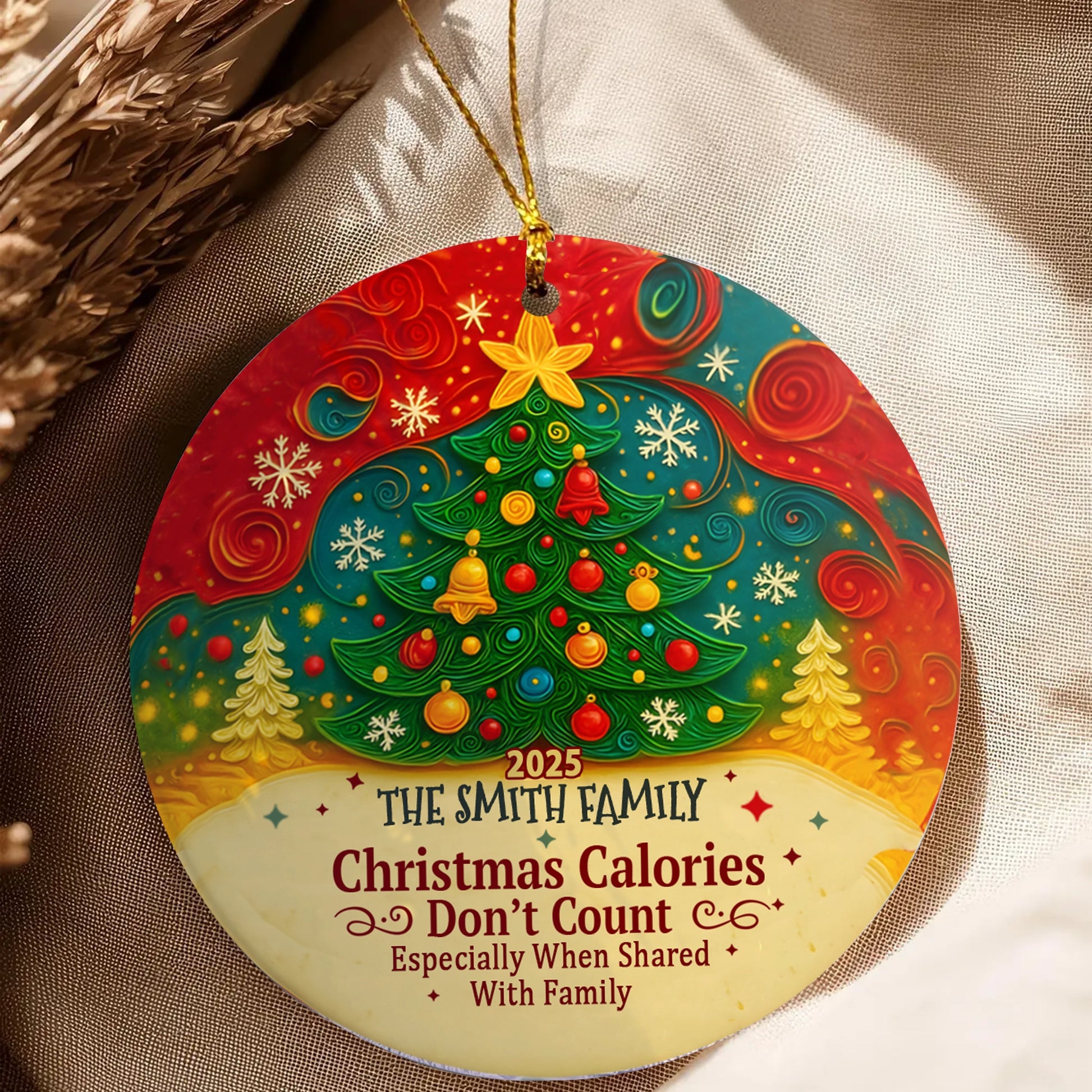 Personalized Round Ceramic Ornament - Christmas Calories Don’t Count - Holiday Tree Decoration MK_Web3