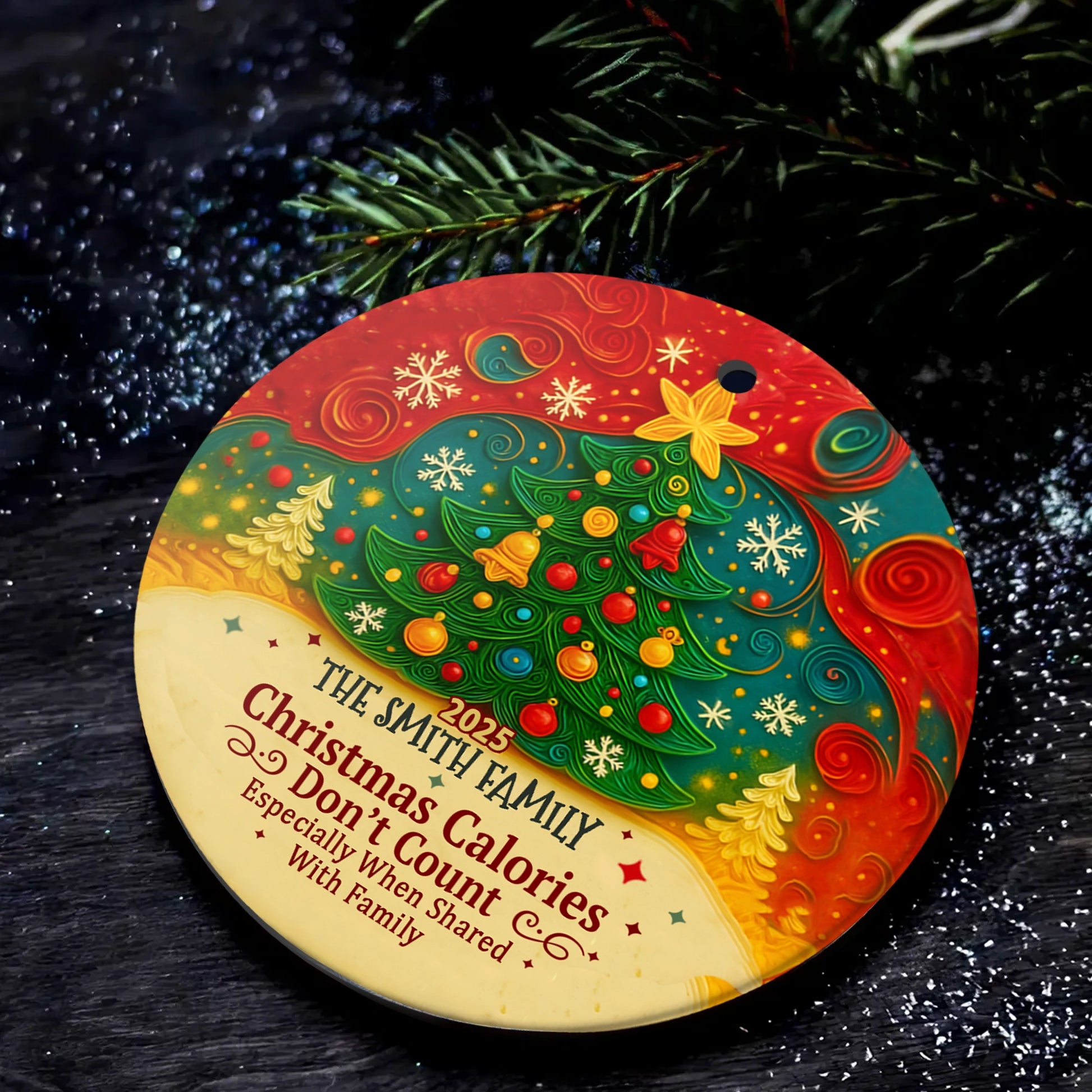 Personalized Round Ceramic Ornament - Christmas Calories Don’t Count - Holiday Tree Decoration MK_Web4