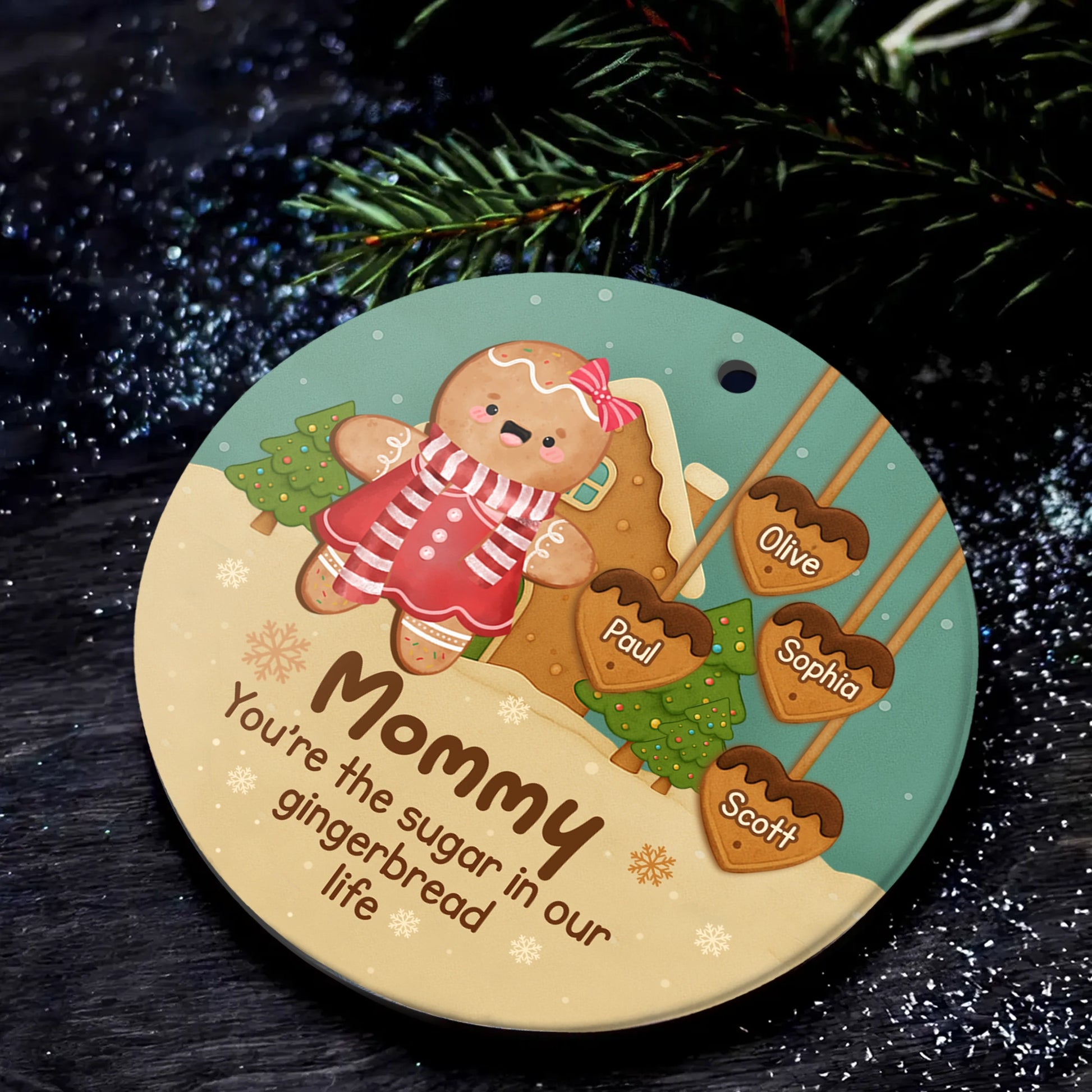 Personalized Round Ceramic Ornament - You’re The Sugar In Our Gingerbread Life - Mommy Christmas MK_Web4