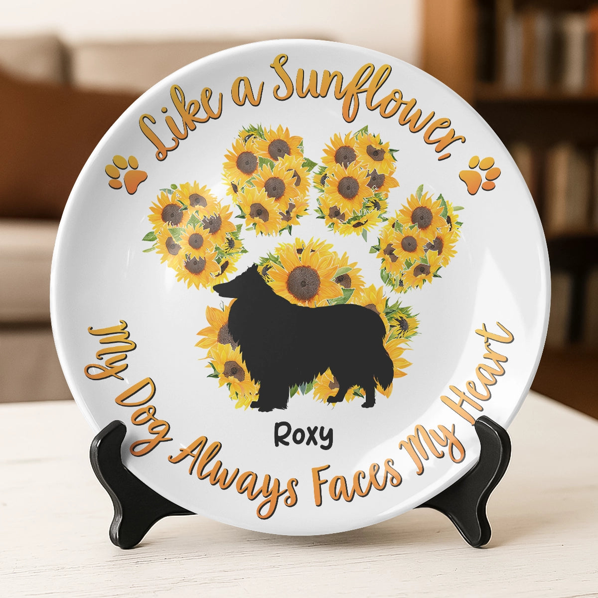 Personalized Round Plate - Like A Sunflower - Sunflower Paw Print Decorative With Pet Name Web1