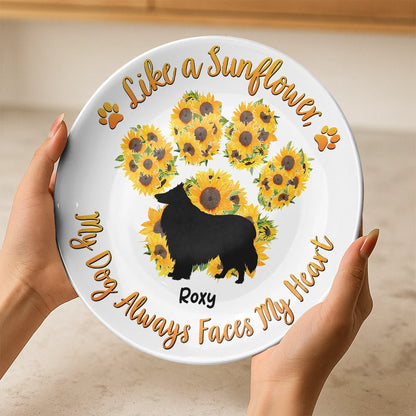 Personalized Round Plate - Like A Sunflower - Sunflower Paw Print Decorative With Pet Name Web2