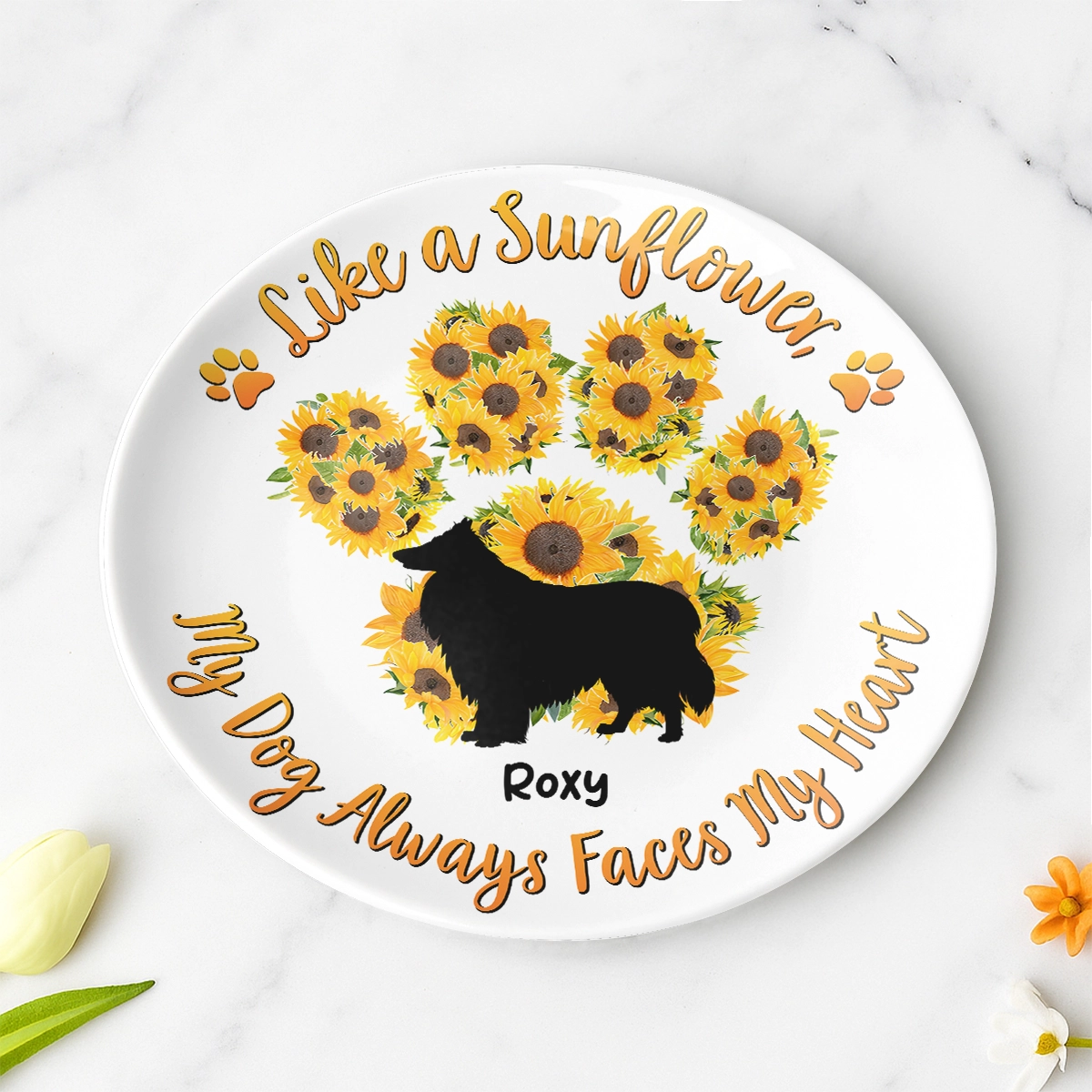 Personalized Round Plate - Like A Sunflower - Sunflower Paw Print Decorative With Pet Name Web3