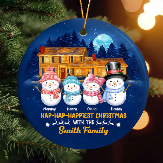 Personalized Snowman Round Ceramic Ornament - Hap-Hap-Happiest Christmas - Custom Name & Family Ornament, Holiday House Decoration web1