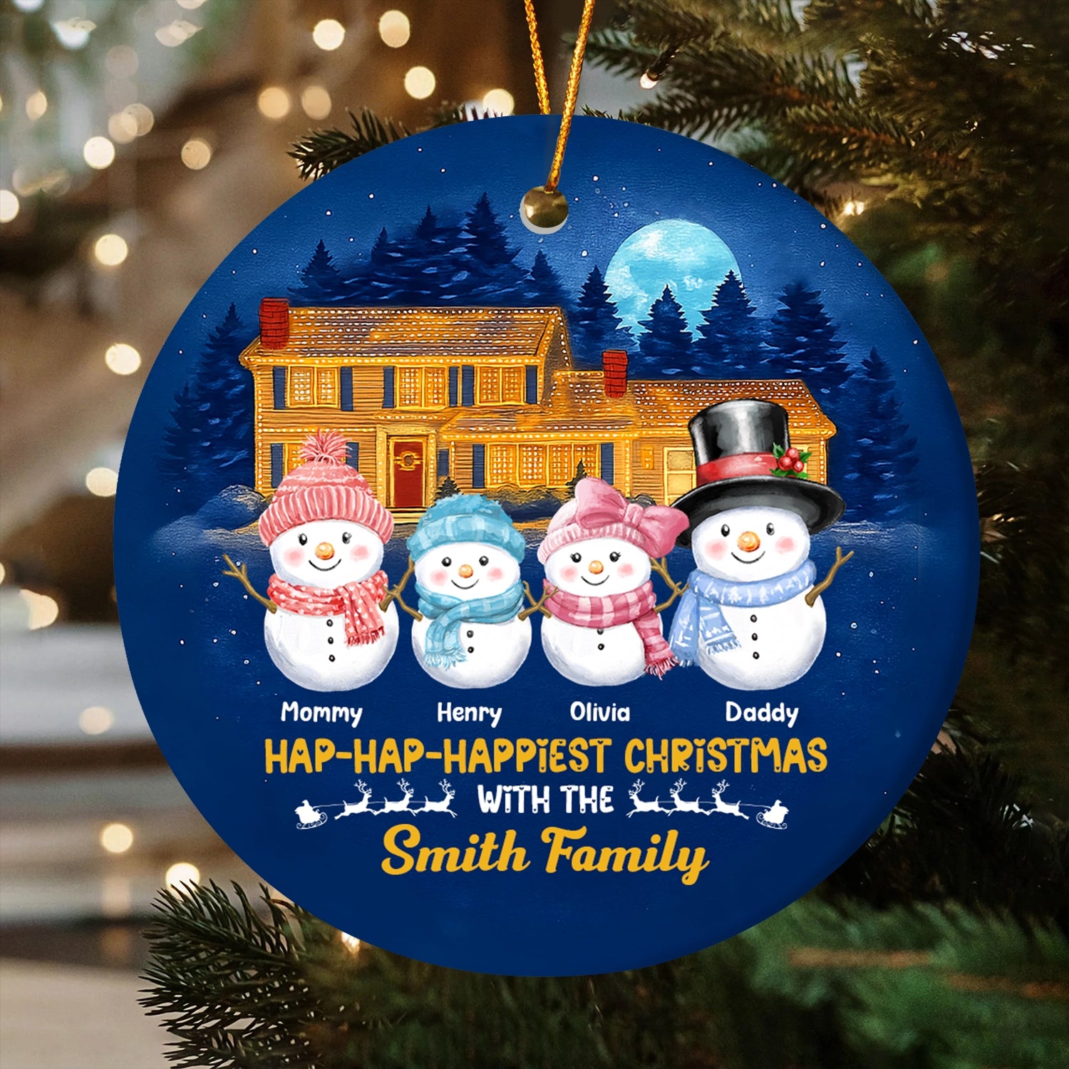 Personalized Snowman Round Ceramic Ornament - Hap-Hap-Happiest Christmas - Custom Name & Family Ornament, Holiday House Decoration web2