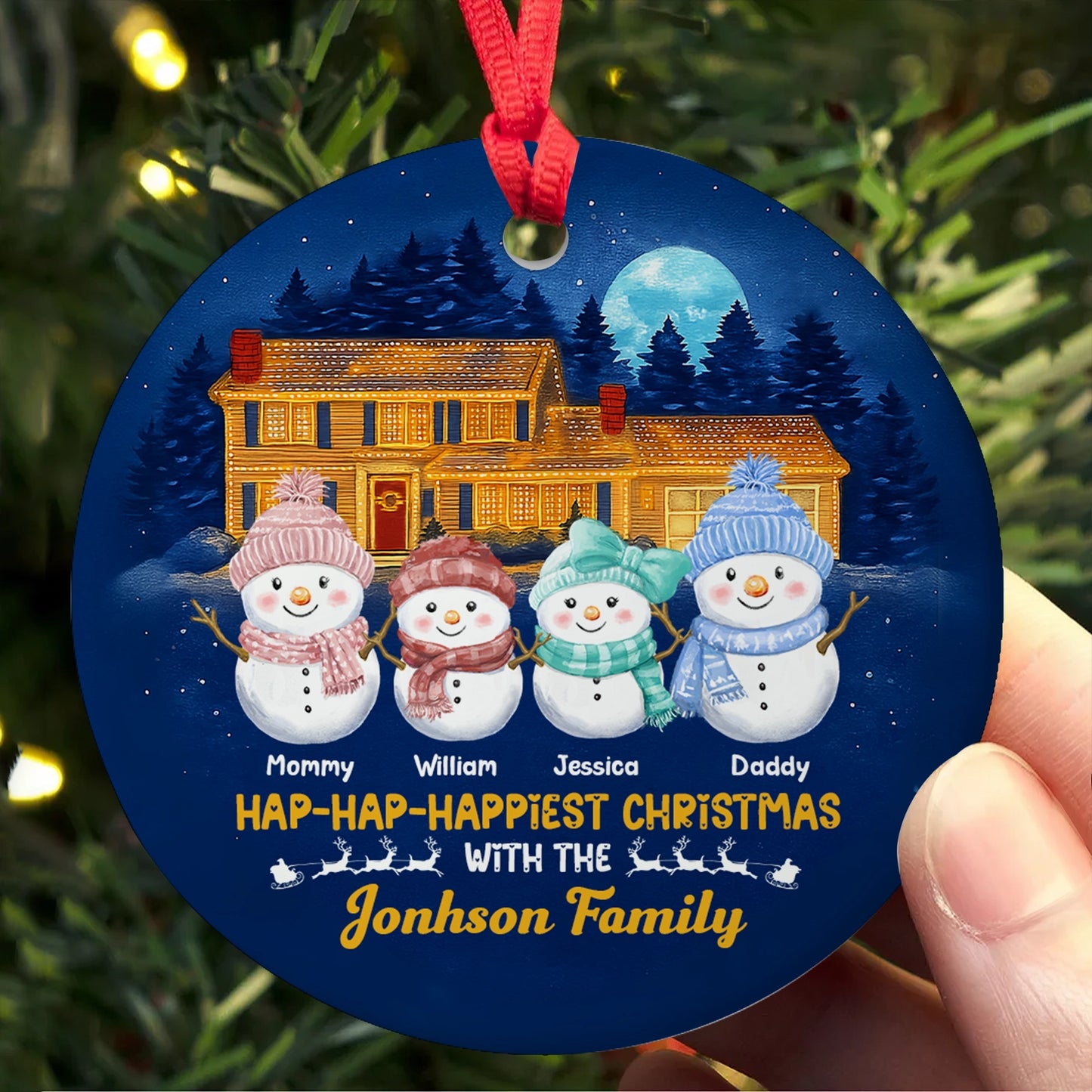Personalized Snowman Round Ceramic Ornament - Hap-Hap-Happiest Christmas - Custom Name & Family Ornament, Holiday House Decoration web3