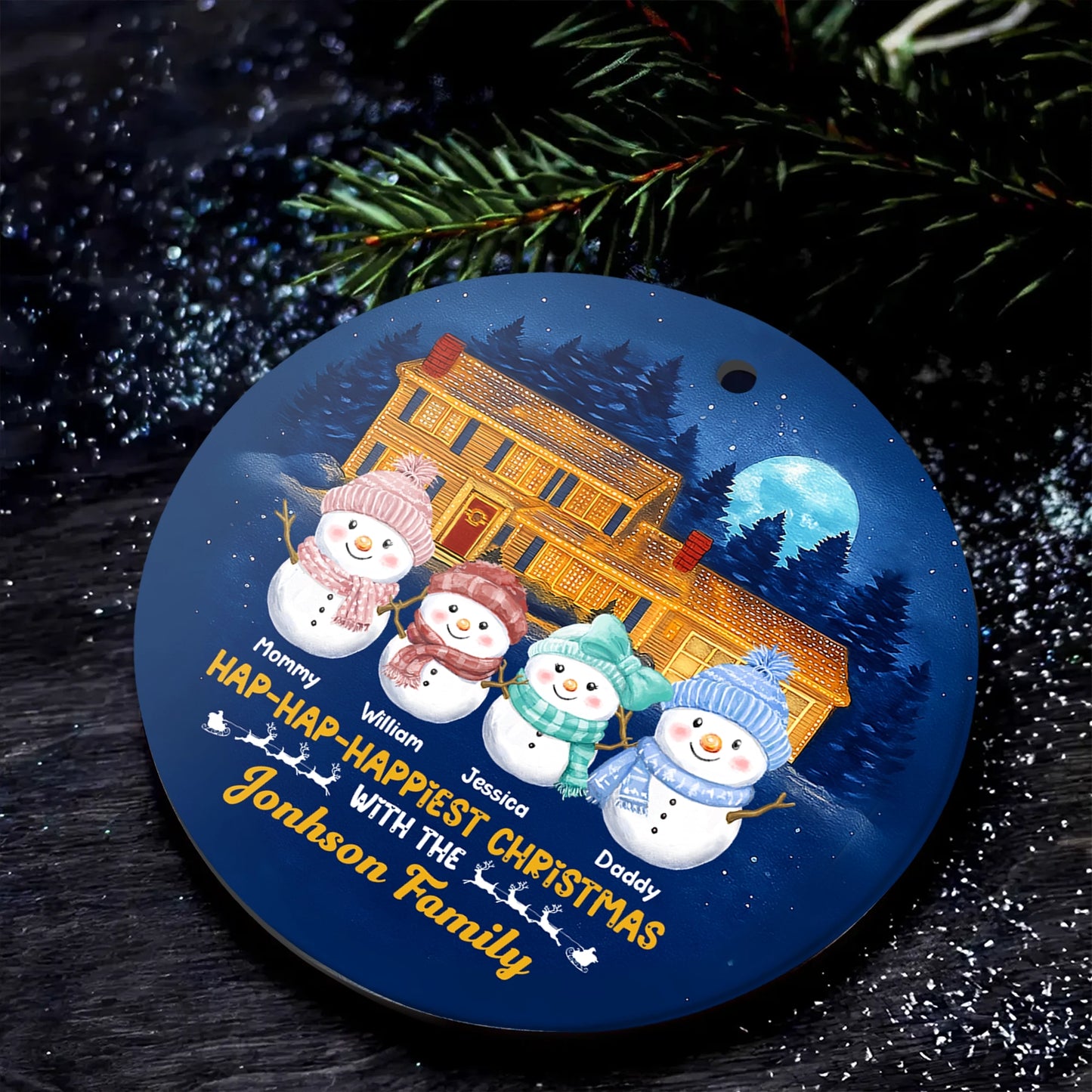 Personalized Snowman Round Ceramic Ornament - Hap-Hap-Happiest Christmas - Custom Name & Family Ornament, Holiday House Decoration web4