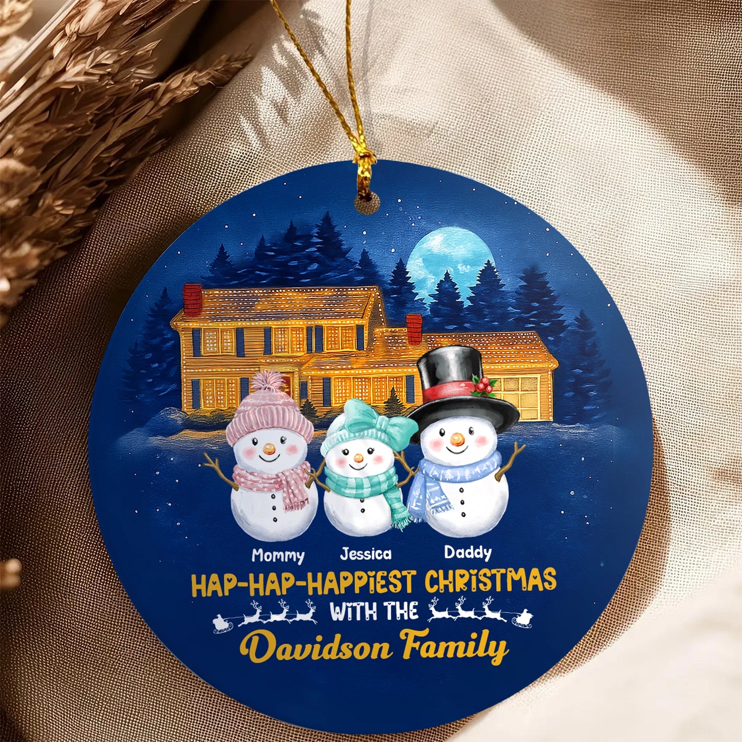 Personalized Snowman Round Ceramic Ornament - Hap-Hap-Happiest Christmas - Custom Name & Family Ornament, Holiday House Decoration web5