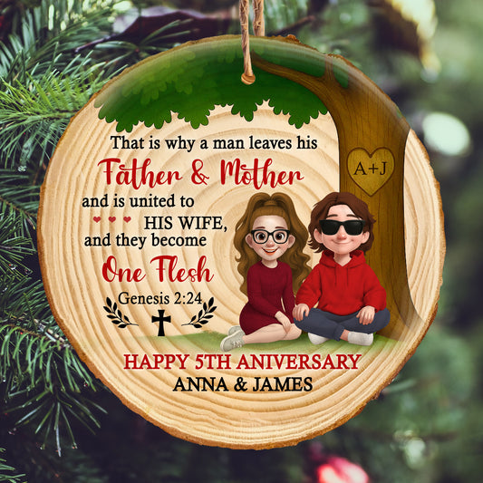 Personalized Wood Slice Ornament - One Flesh Genesis 2:24 - Christian Anniversary UWSO-HN35-TT47-web1