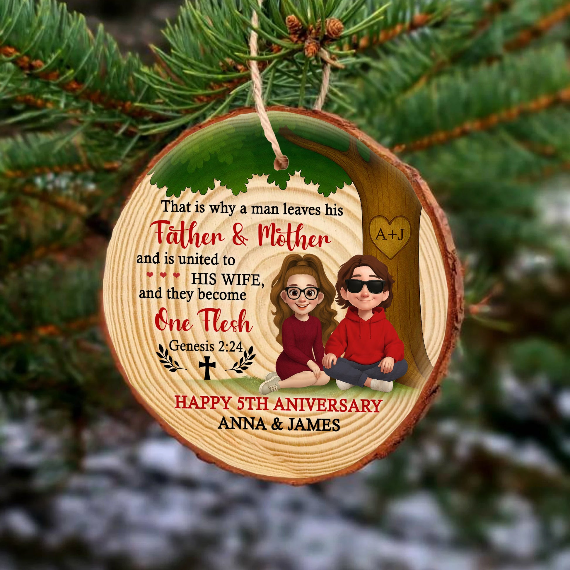 Personalized Wood Slice Ornament - One Flesh Genesis 2:24 - Christian Anniversary UWSO-HN35-TT47-web2