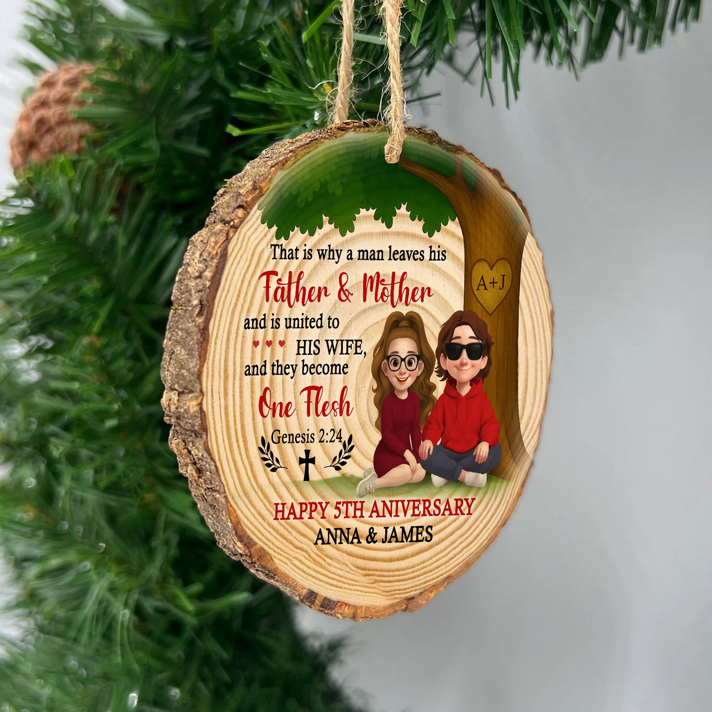 Personalized Wood Slice Ornament - One Flesh Genesis 2:24 - Christian Anniversary UWSO-HN35-TT47-web3