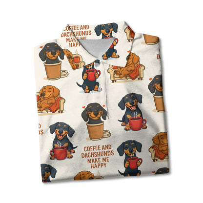 Funny Coffee And Dachshund Pattern Polo, Dachshund Shirt, Wiener Dog T Shirts