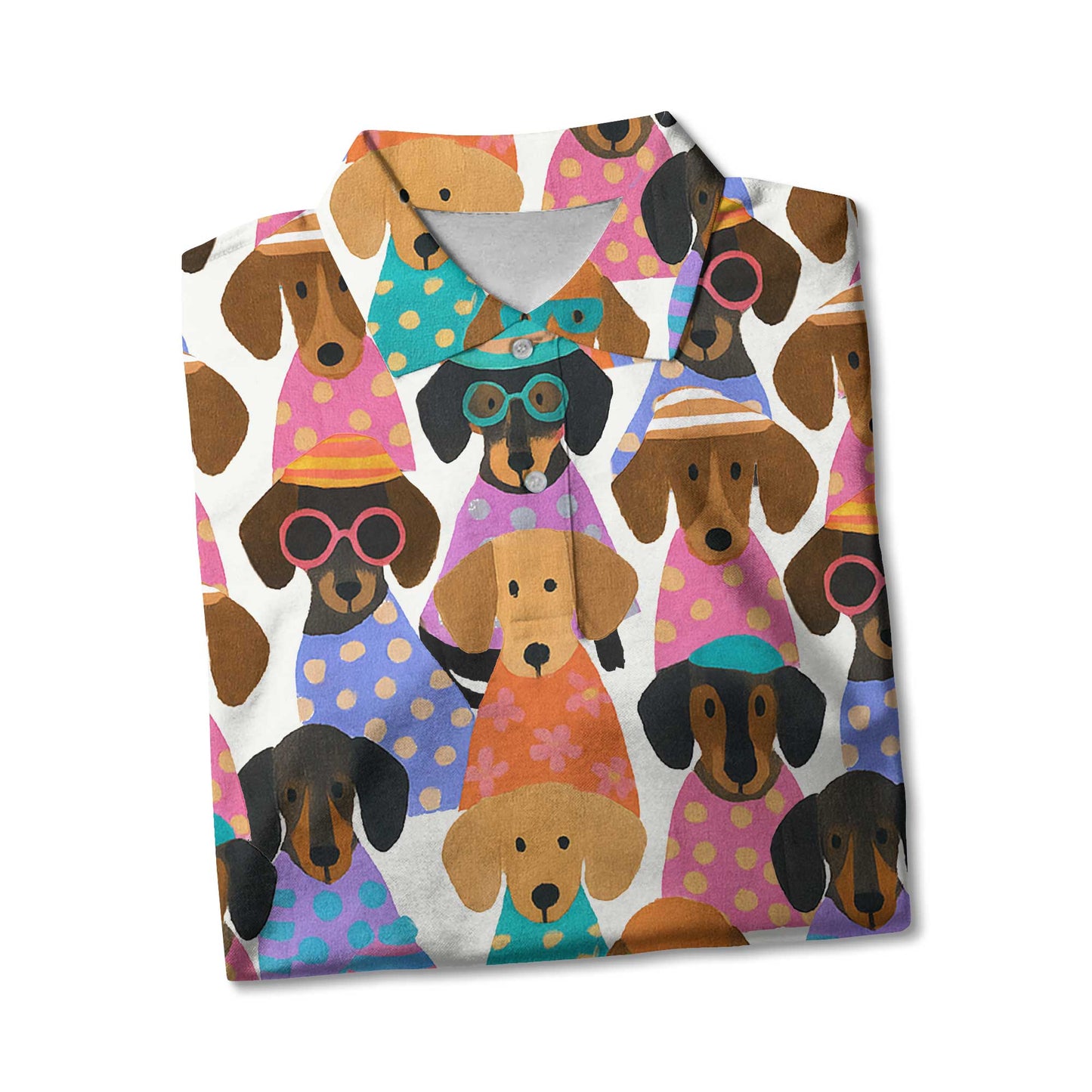 Happy Funny Colorful Dachshund Pattern Polo, Wiener Dog T Shirt, Dachshund Sweatshirt
