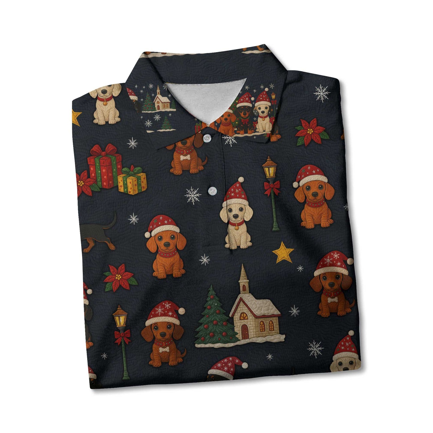 Dachshund Christmas Shirt, Wiener Dog T Shirts, Santa Hat and Holiday Pattern Polo